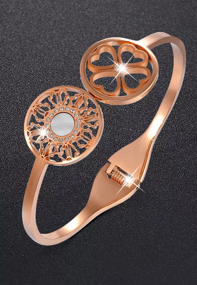 Artistic Floral Hinged Bangle-Rose Gold/Clear