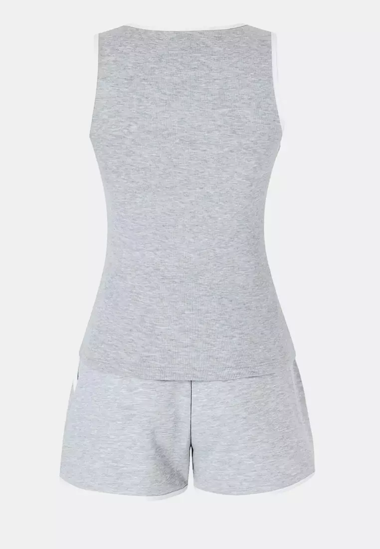 Gray Melange Color Block Fitted/Fitted Pocketed Ribbed Stretchy Knitted Top And Bottom Set Twoss26Au81