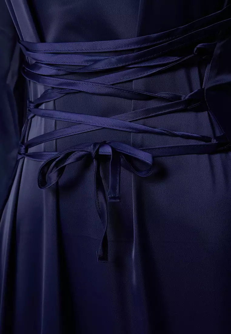 Navy Blue Brit Detailed Woven Satin Evening Dress TCTSS25DB00001