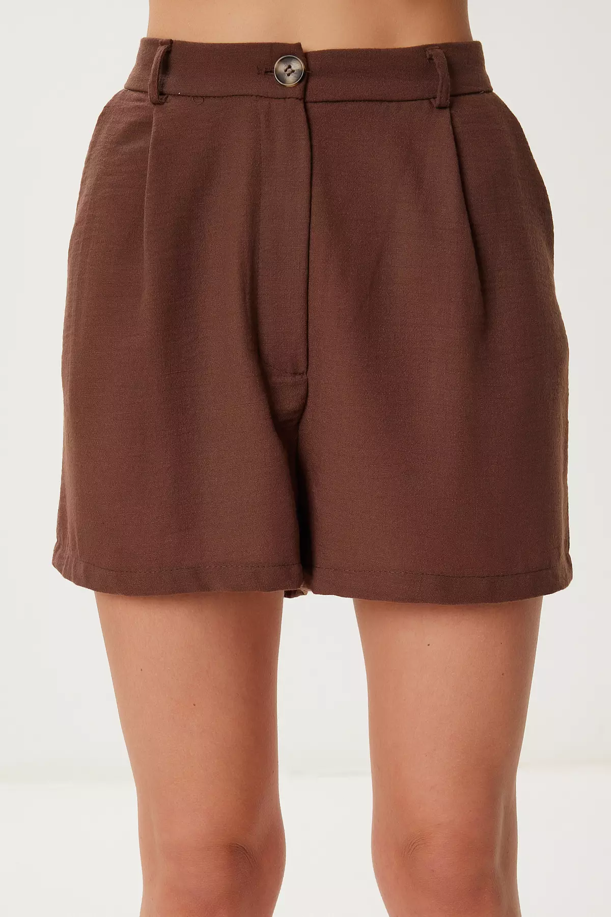 Women's Brown Pocketed Mini Linen Shorts Ub00406