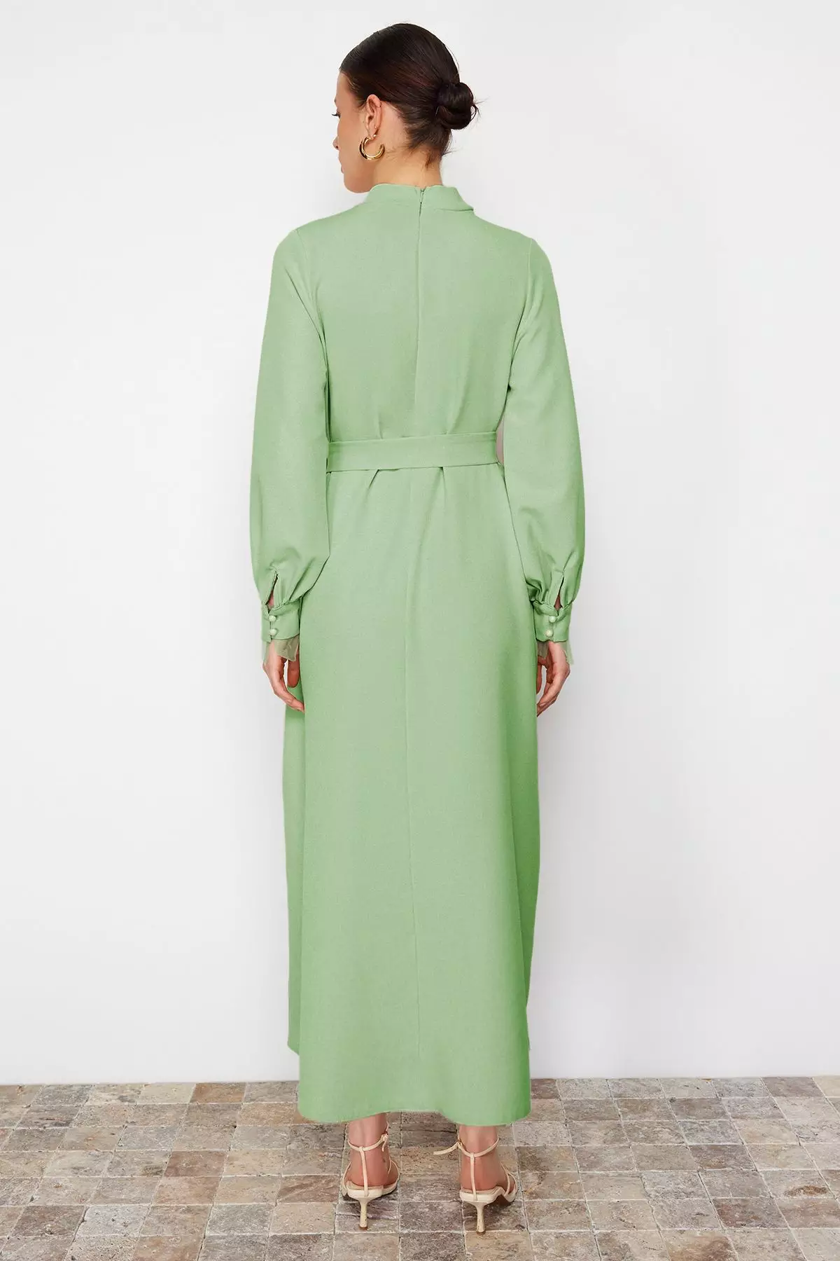 Stand Collar Belt Detailed Dress