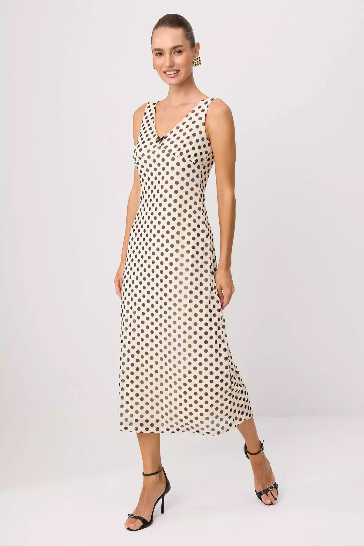 Cream Polka Dot Bow Maxi Knitted Dress Twoss25El00361