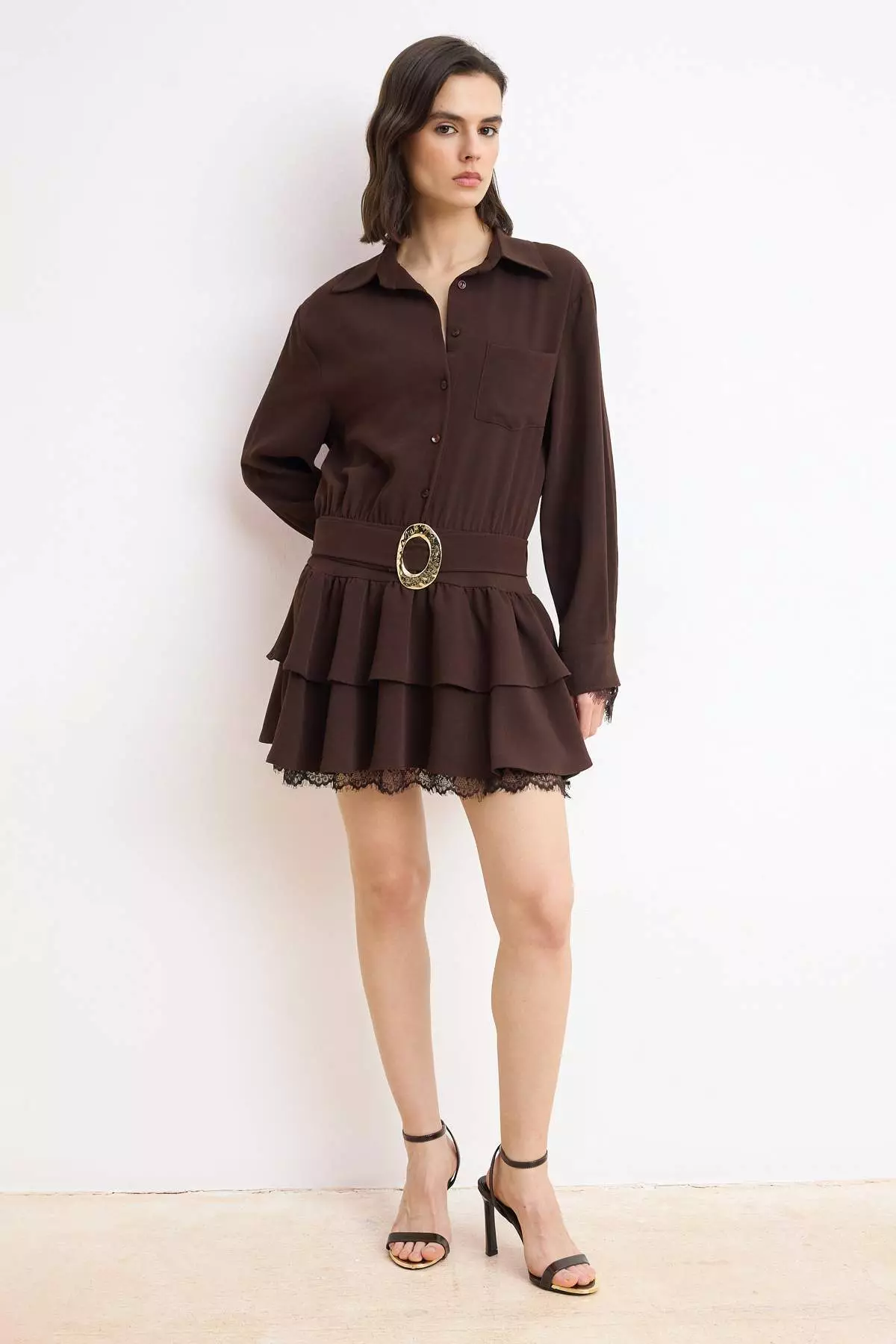 Brown Belt Li Lace Detailed Woven Shirt Collar Dress Twoss26El613