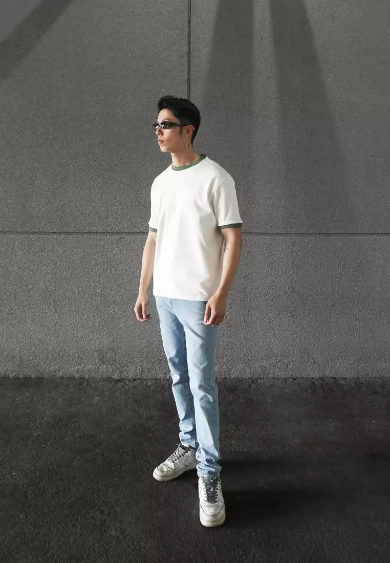 Kale Ringer White Green / Cotton Cloudy / Kaos Boxy Fit / Kaos Korea / Atasan Kaos Pria / Kaos Basic Pria