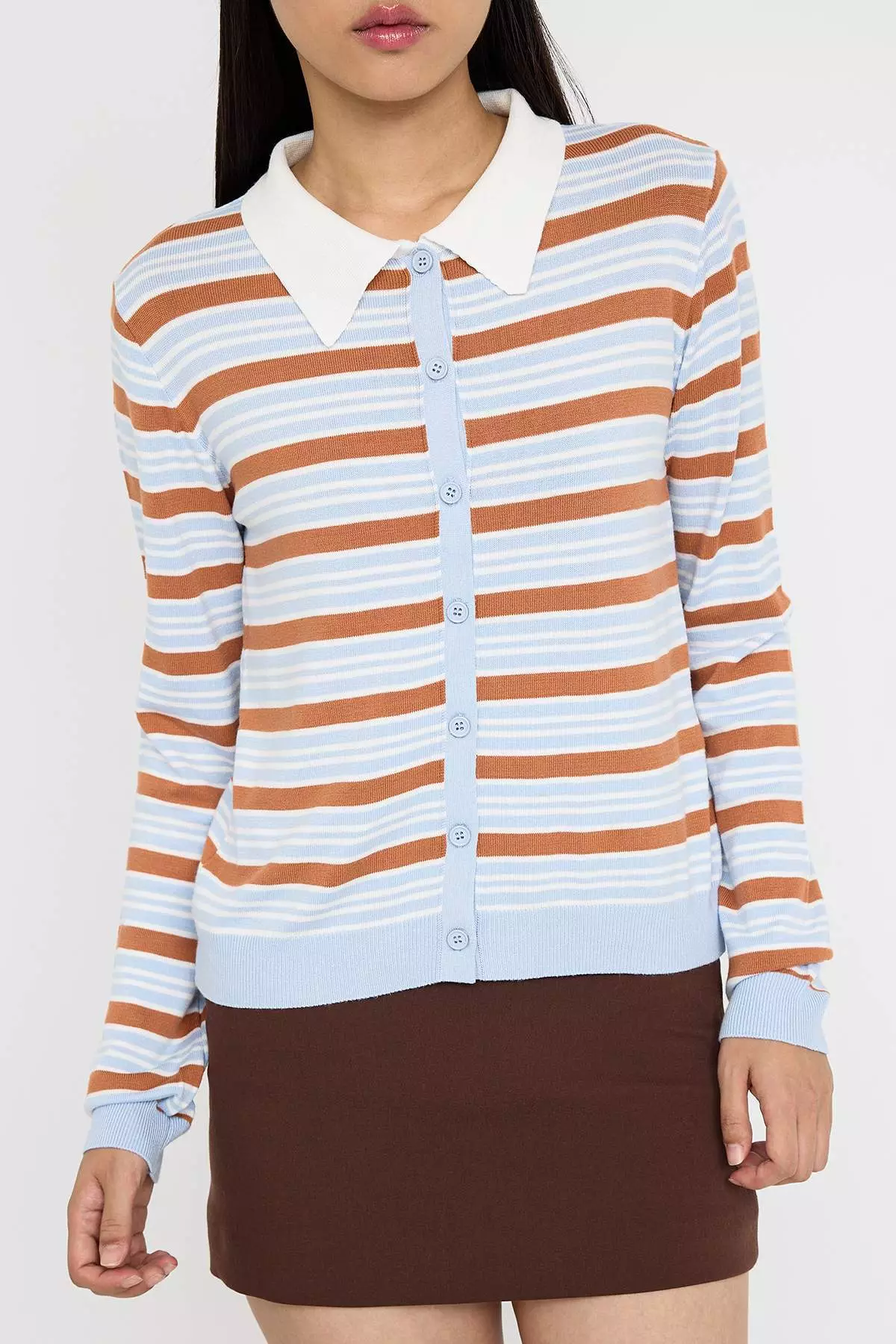 Teen Brown Crop Premium/Special Yarn Color Block Fitted/Full Body Knit Cardigan