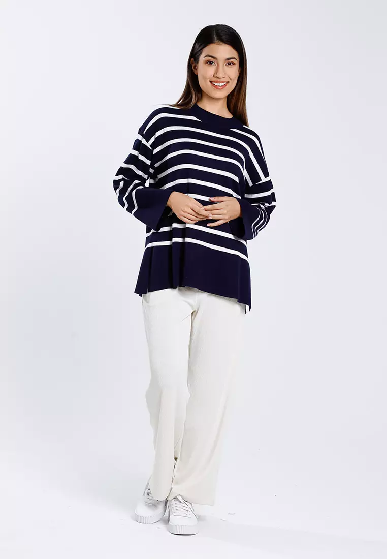 Forest Ladies Striped Knit Top Women Long Sleeve Knitted Sweater | Baju Perempuan Lengan Panjang - 822446-33Navy