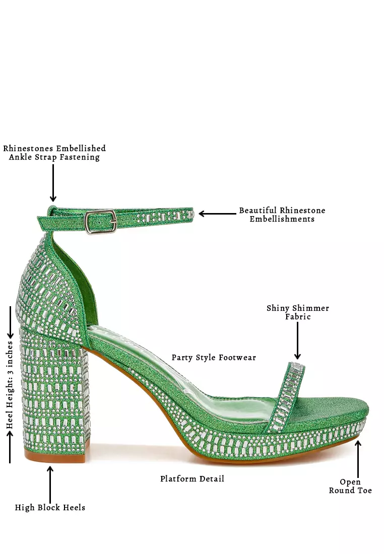 Sandal Blok Berhias Berlian Imitasi Warna Hijau