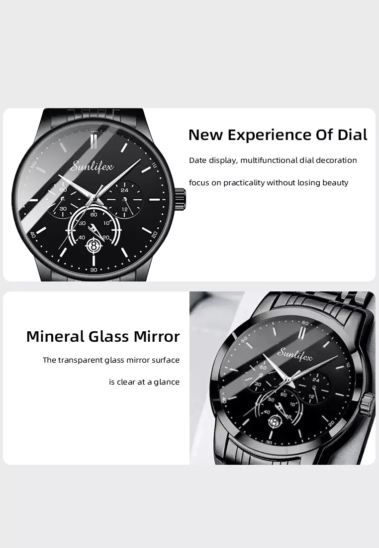 Jam Tangan Pria Original Bisnis Anti Air Kuarsa Jam Pria Calendar Tali Stainless Steel Jam Tangan Cowok 9007 black white