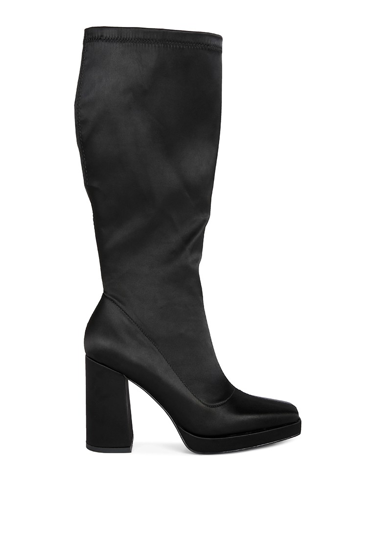 Black Stretchable Satin Long Boot