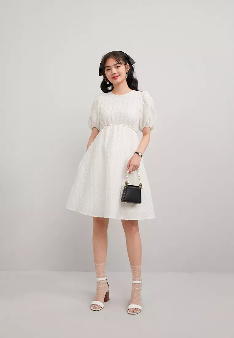 Puff Sleeve Floral Embossed Mini Dress