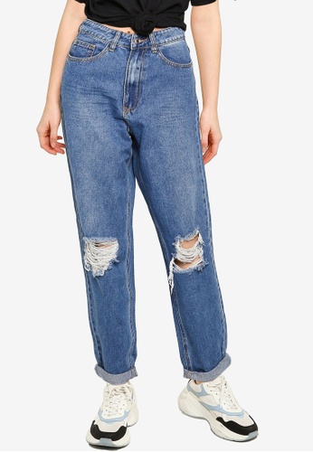 MISSGUIDED blue Riot High Waisted Busted Knee Mom Jeans 1A710AA5370224GS_1