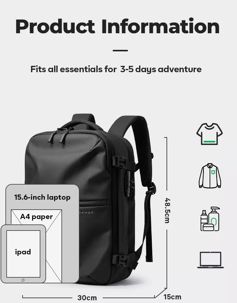 BANGE BG7875 Tas Ransel pria Laptop Kerja Pria Travel Backpack Lock TSA Waterproof-Black