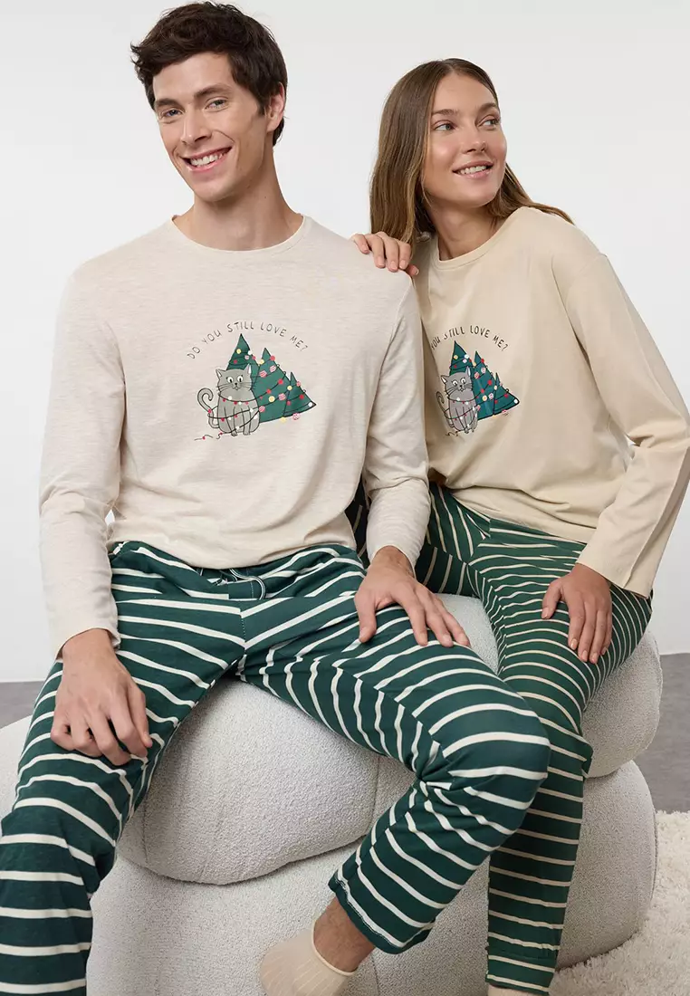 Beige Striped Regular Fit Couple Christmas Knitted Pajama Set TMNAW25PT00045