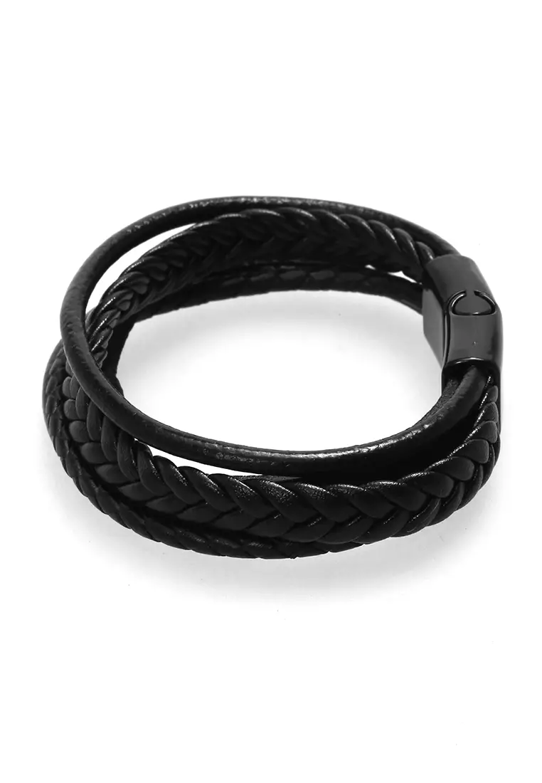 Aleda Gelang Kasual Pria Aksesoris Fashion Adjustable Strap Desain Mix Kepang Material Leather Stainless Steel ORIGINAL - Black