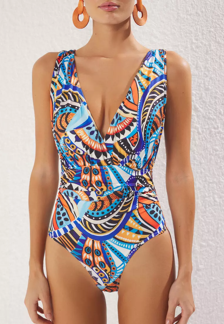 Ethnic Patterned Deep-Cut Draped Regular Core Swimsuit