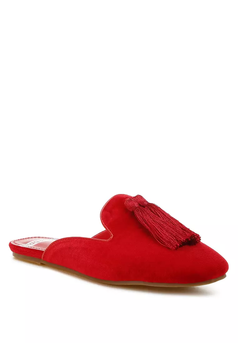 Tassel Detail Velvet Mules in Red