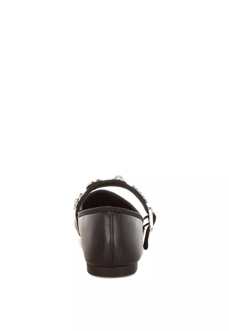 Charms Embellished Flat Mary Janes in Black