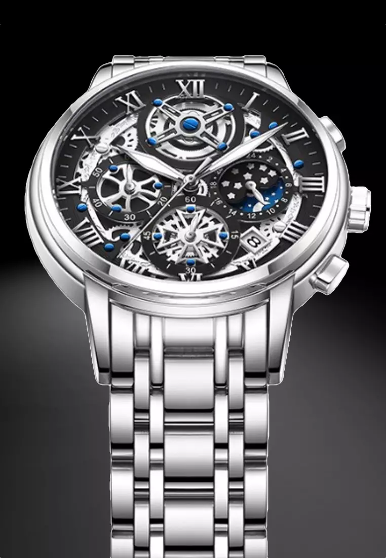 Skeleton Unisex Stainless Steel Chronograph Quartz watch 42mm on Steel Bracelet