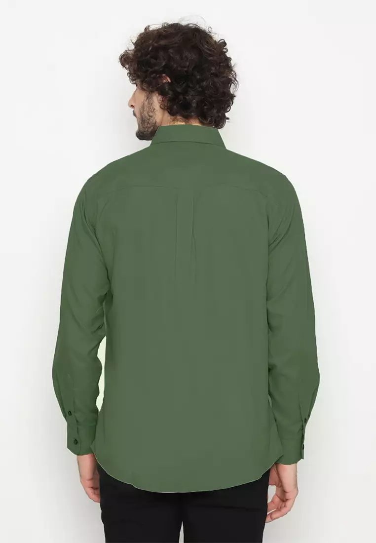 POLICE Kemeja Polos Basic Cotton Soft Olive Regular Fit Lengan Panjang Pria