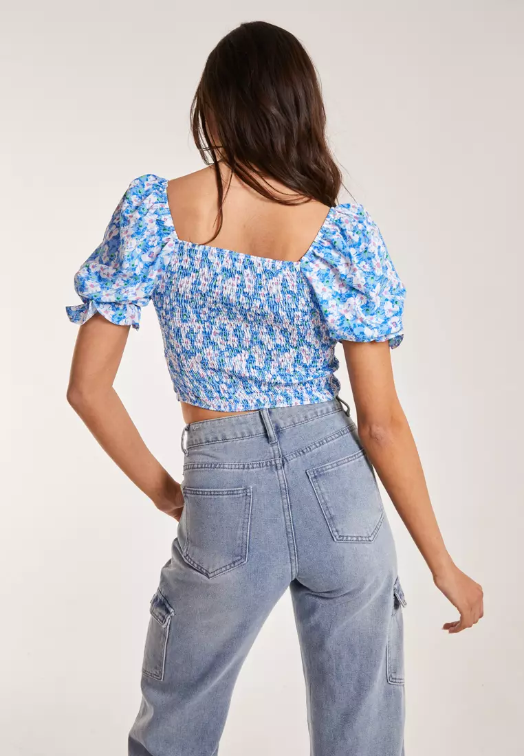 Pink Vanilla Blue Tie Detail Puff Sleeve Crop Top