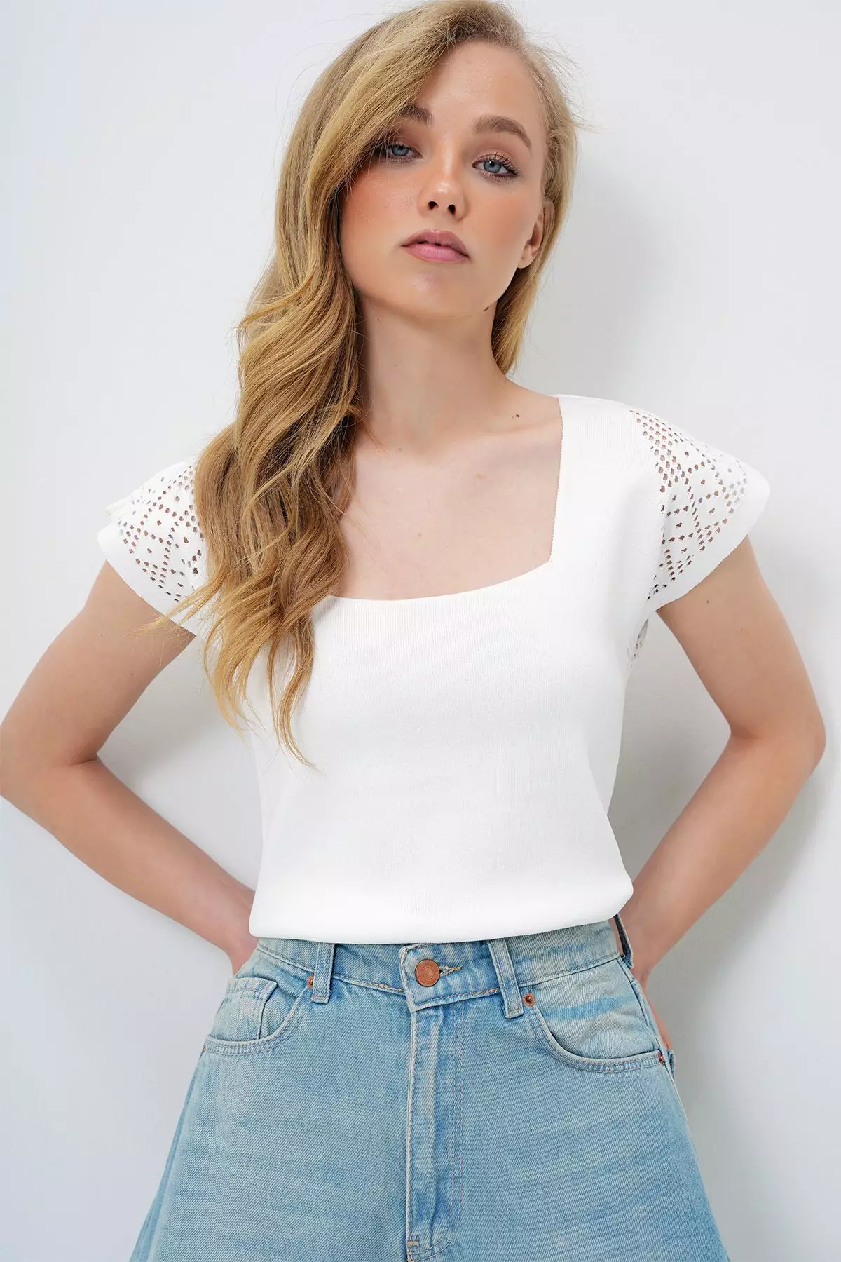 Women's White Square Neck Openwork Summer Knitwear Blouse