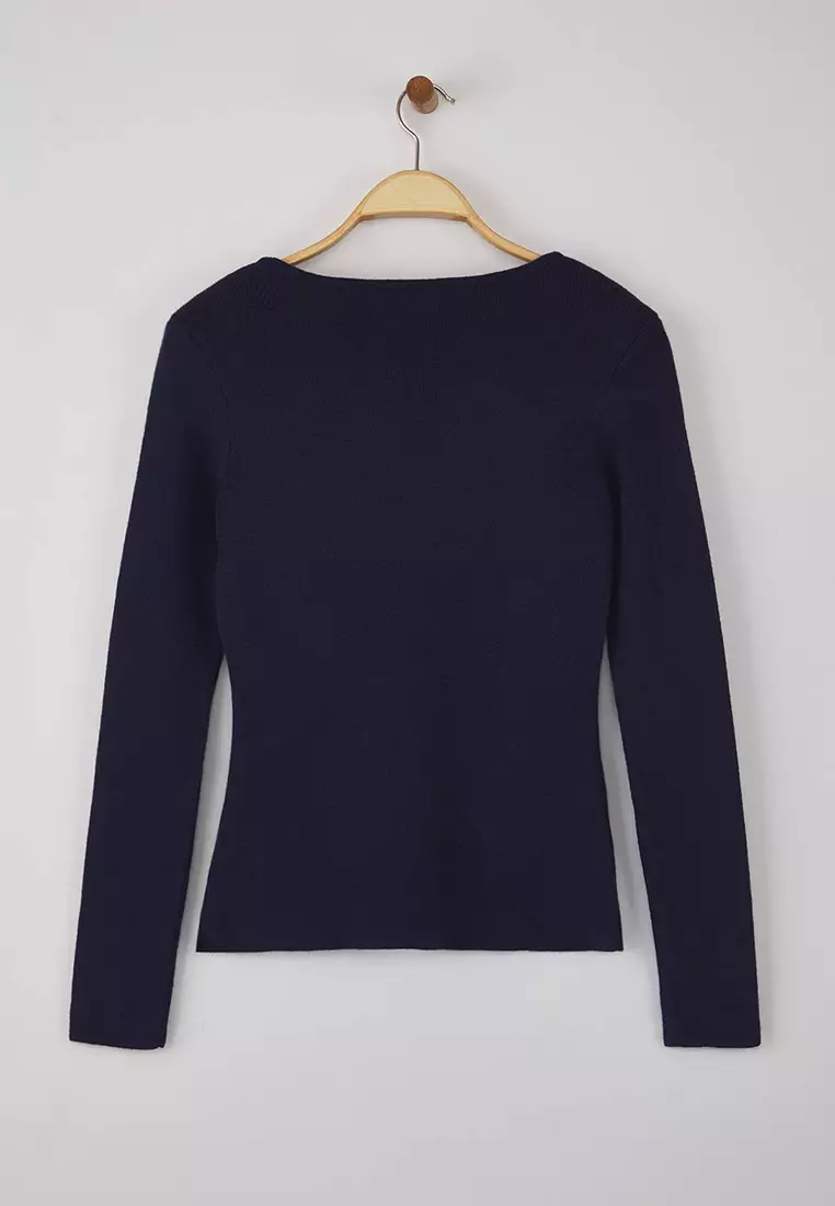 Navy Blue Premium Yarn/Special Yarn Fitted/Slim Fit Wool Knitwear Cardigan