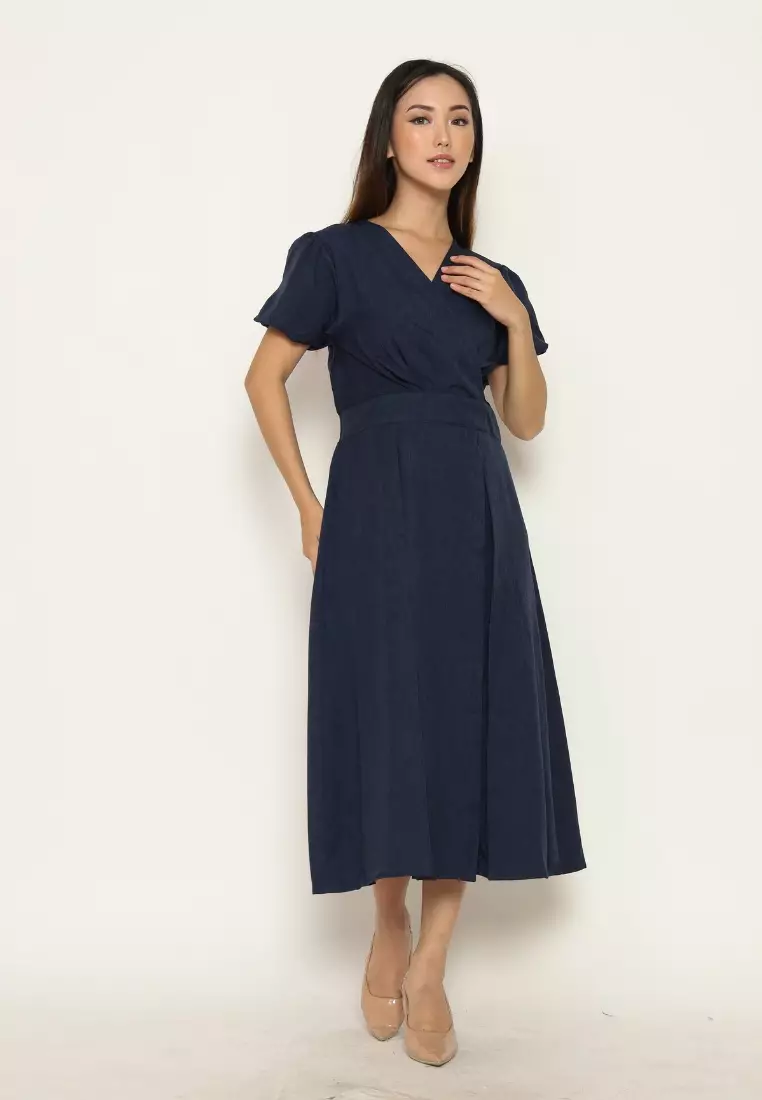 Urban Exchange Jasmine Dress Navy - Midi Dress Puff Sleeves