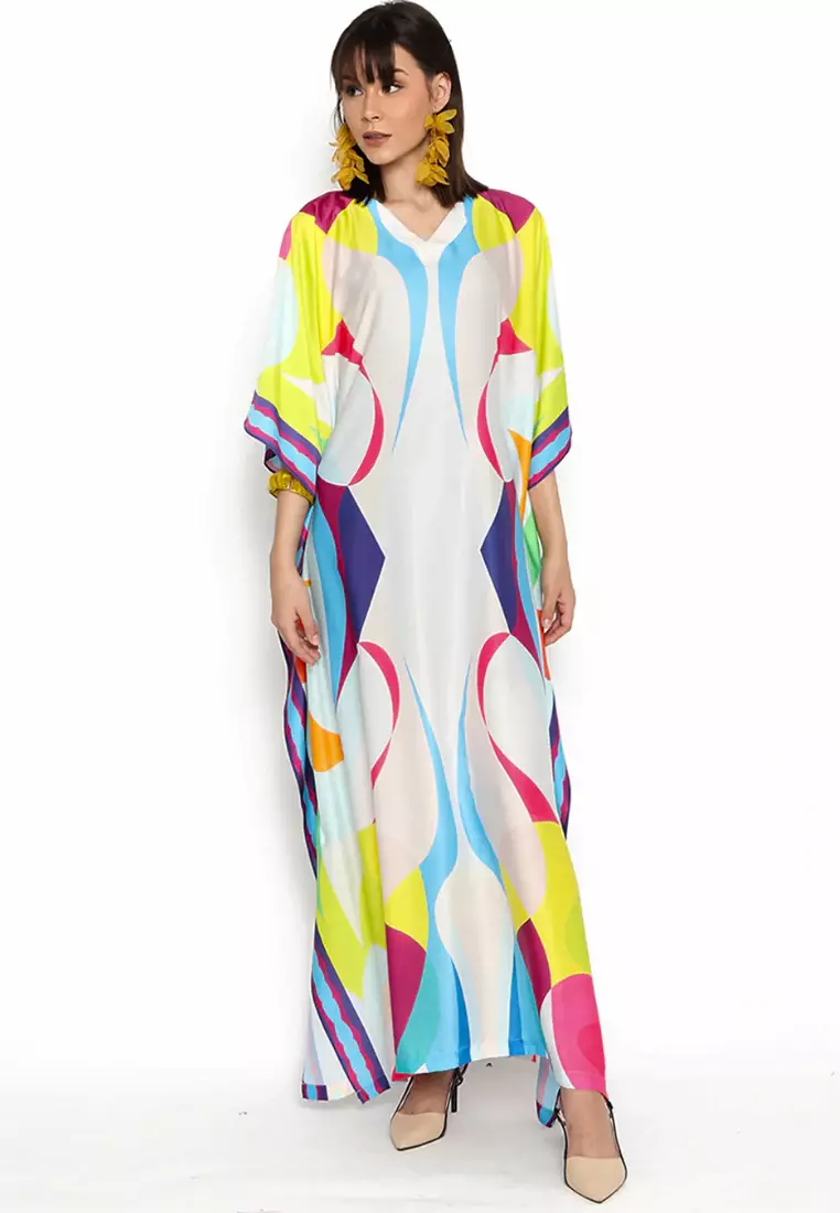Kanzi Short Sleeve Songket Side Kaftan White