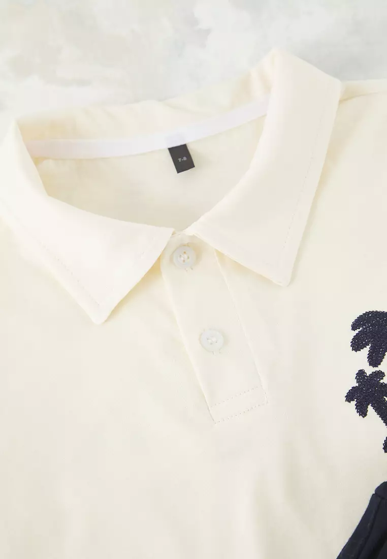 Embroidered Polo Collar Short Sleeve Knitted Top-Bottom Set