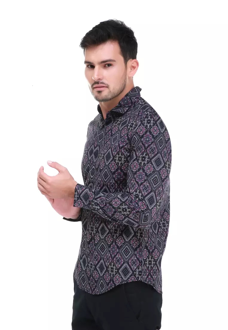 Dwan Kemeja Batik Pria Permata Atasan Formal Longsleeve Shirt Material Cotton ORIGINAL - Black