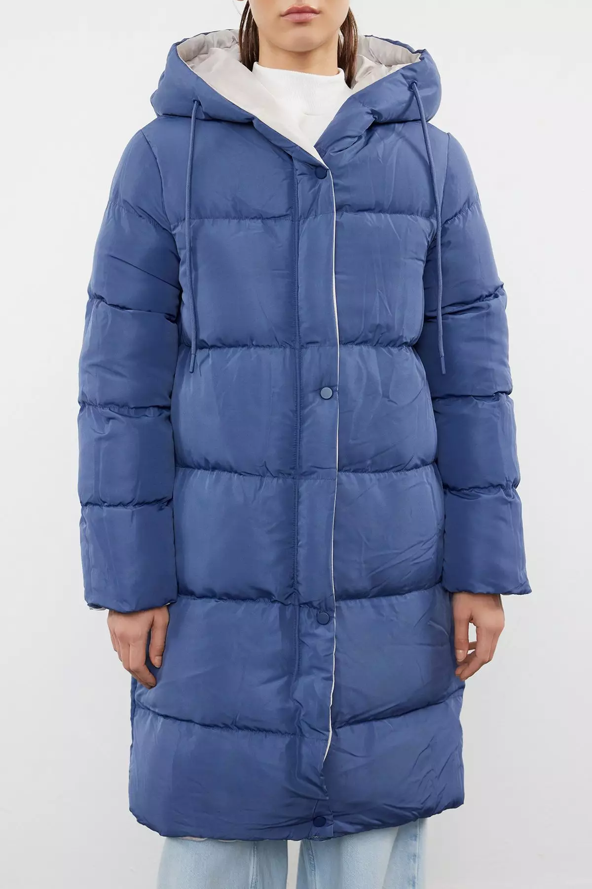 Grey-Blue Reversible Hooded Water Repellent Long Puffer Jacket TWOAW23MO00052