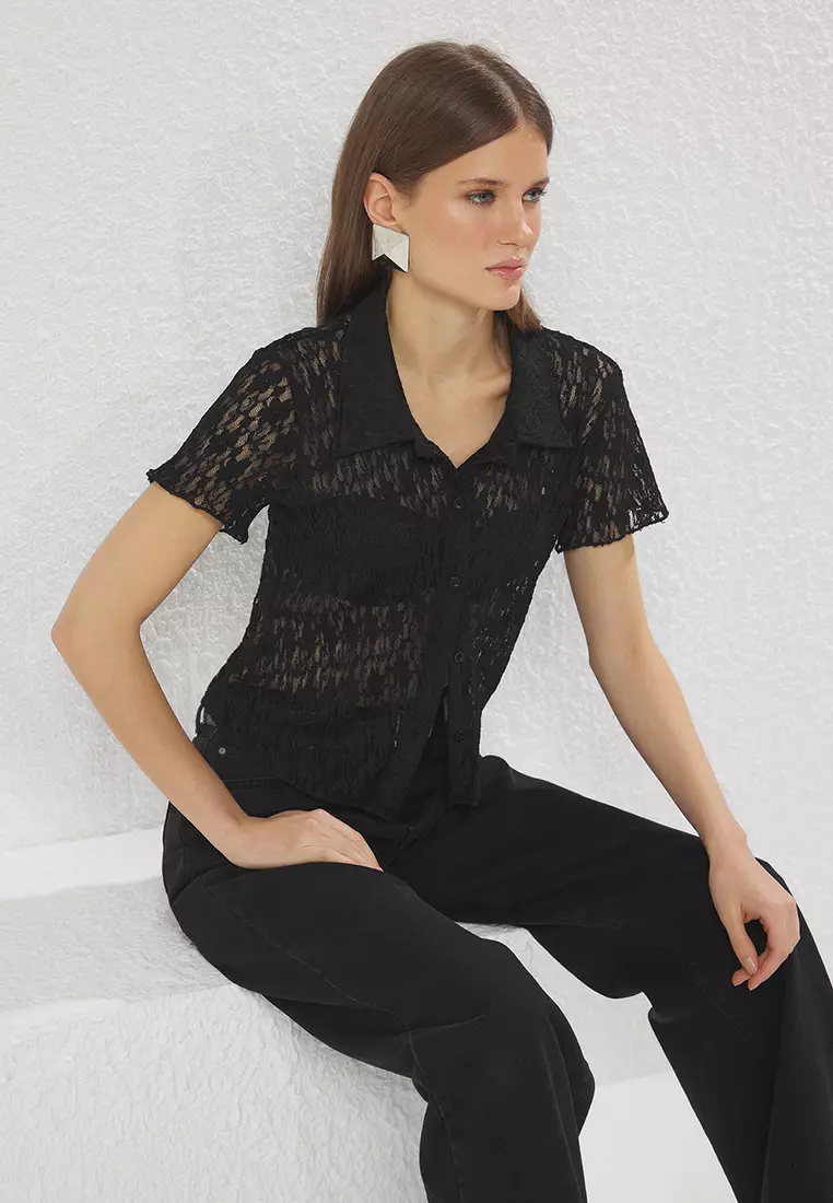 Black Polo Neck Lace Fitted/Fits Body Flexible Knitted Blouse TWOSS25BZ00407