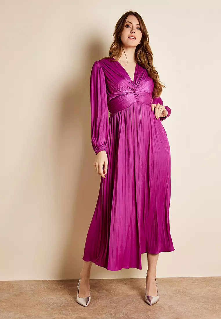 Wilma Pleated Satin V-Neck Purple Maxi Dress