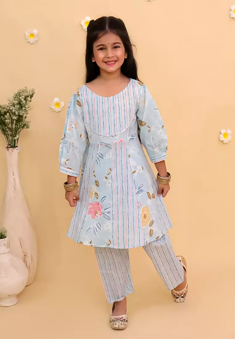 The Mom Store Megh Malhaar 女童花卉印花阿纳卡利库尔塔套装 - 多色
