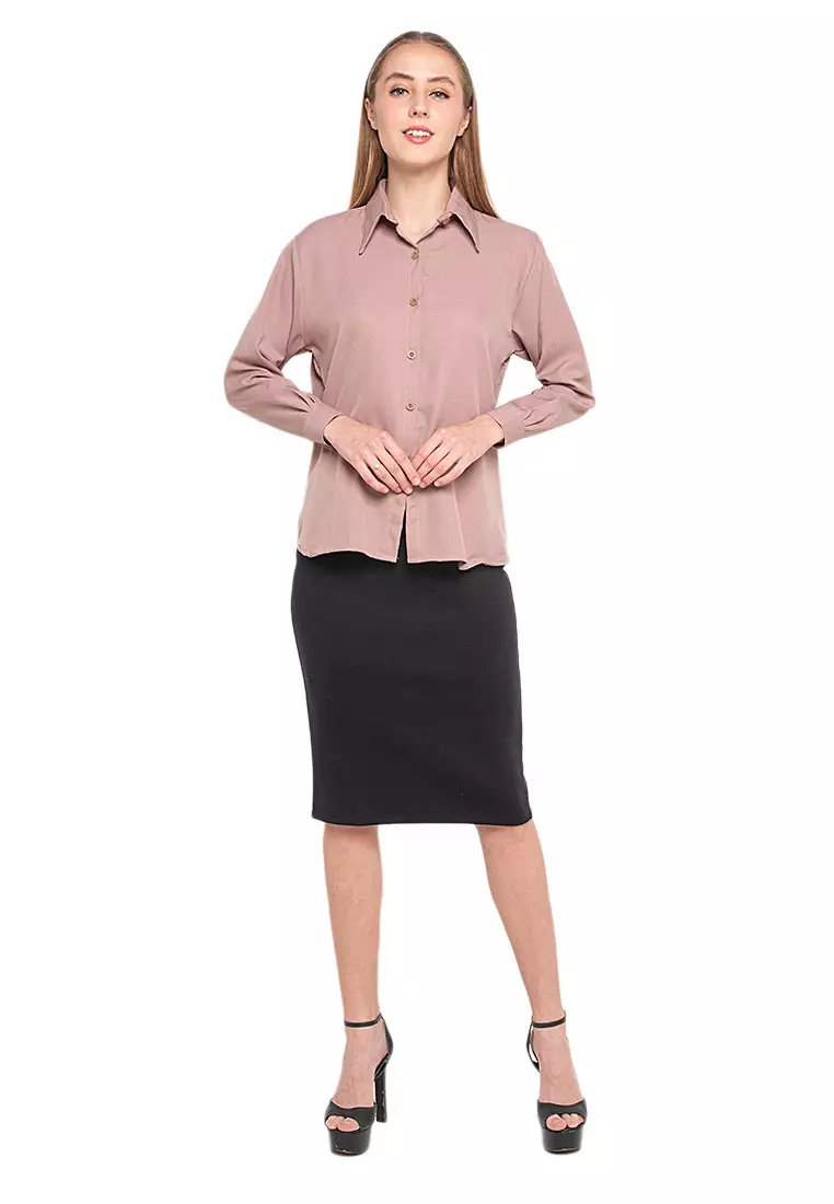 Oriel Kemeja Atasan Lengan Panjang Shirt Wanita Design Basic Polos Regular Fit - Wood