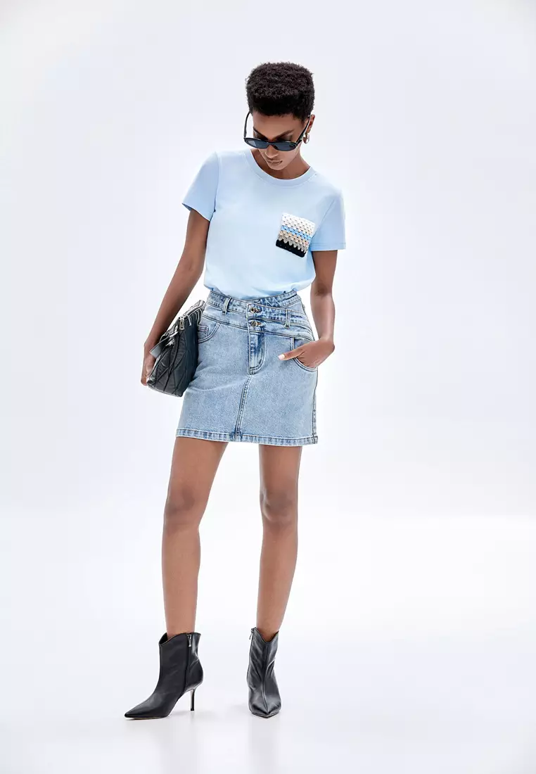 Double Waistband Denim Skirt