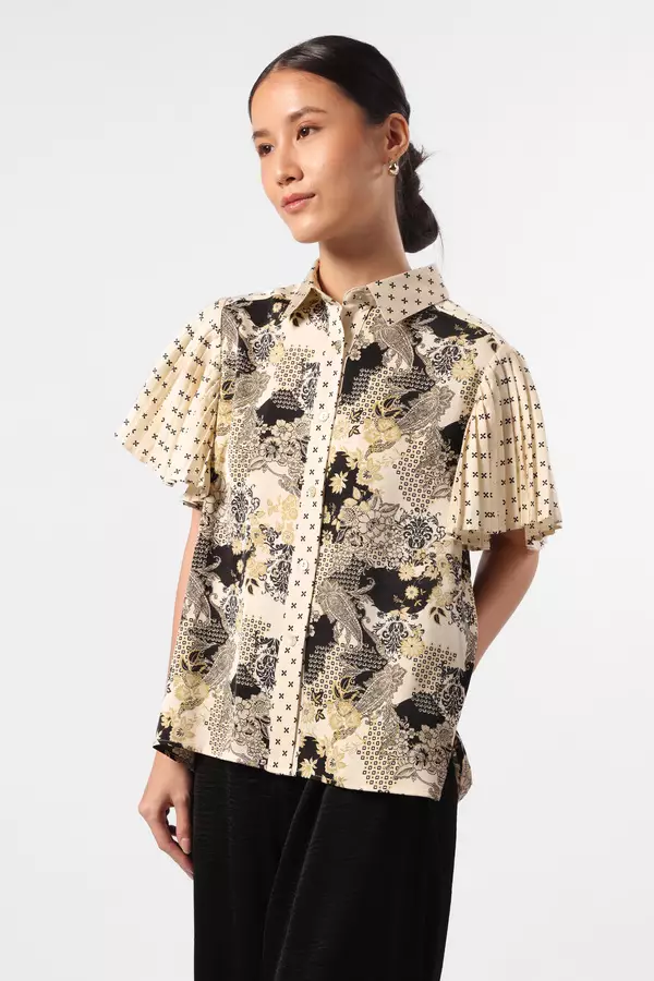 MINIMAL - Tyas - Blus Satin Lengan Lipit Motif paisley - Black Colour Beige