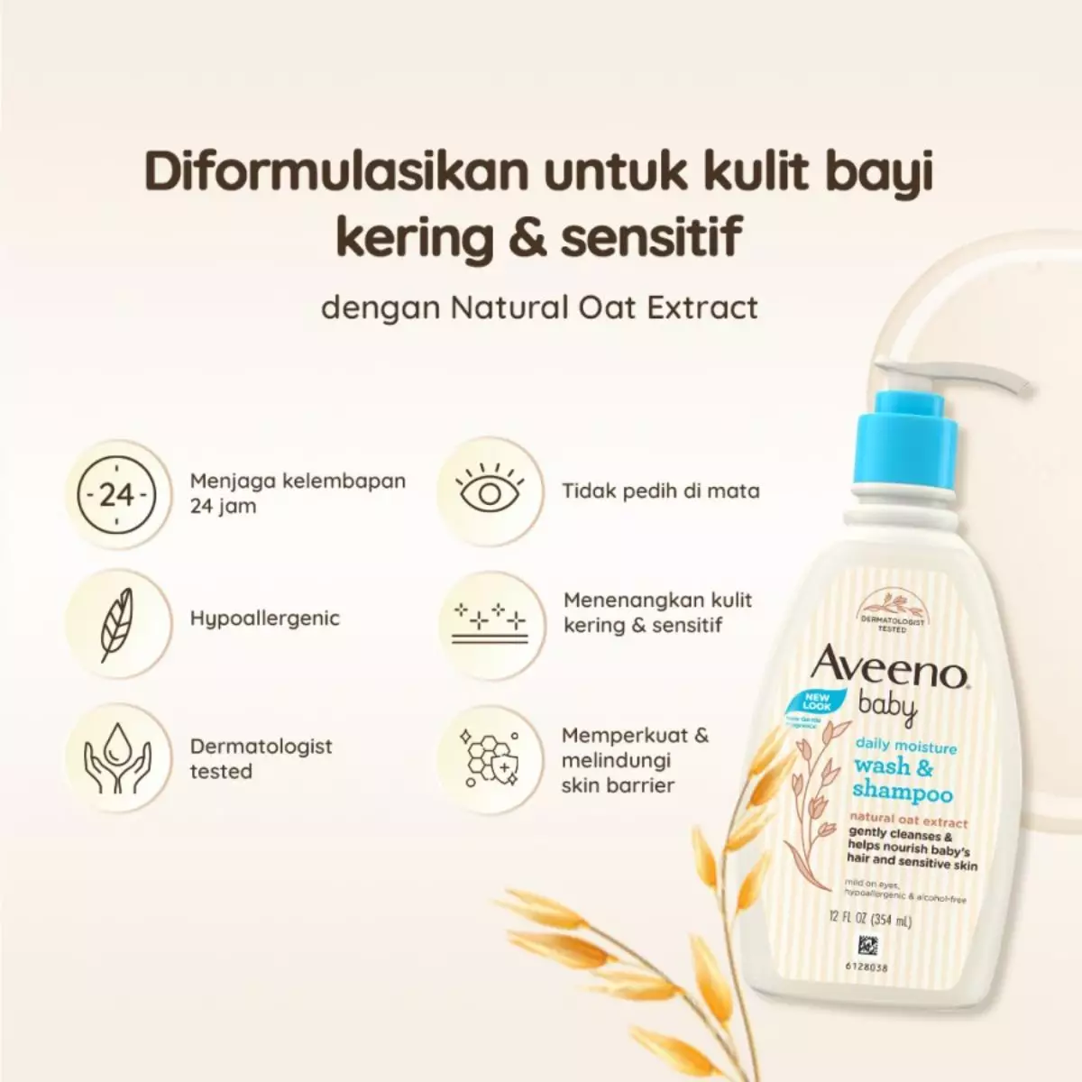 Aveeno® Baby Daily Moisture Wash & Shampoo 354ml - Sabun & Sampo Bayi 354ml