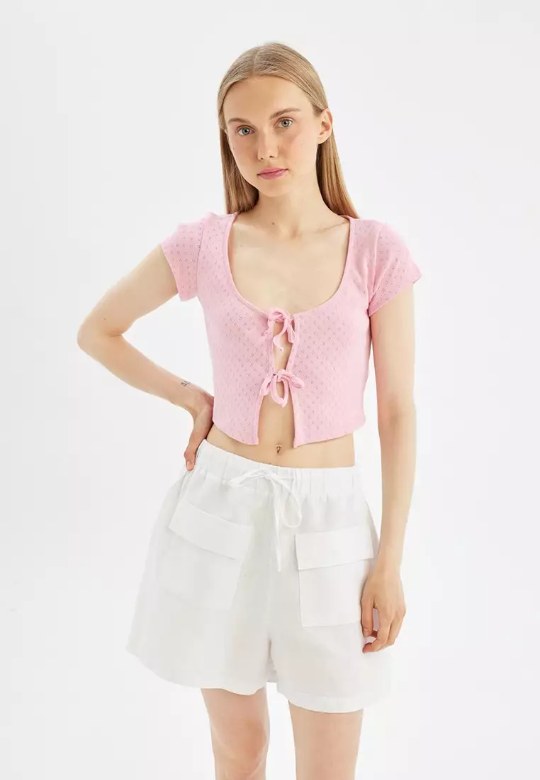 Cool Fitted Ribbed Camisole Tie Front Short Sleeve Cardigan