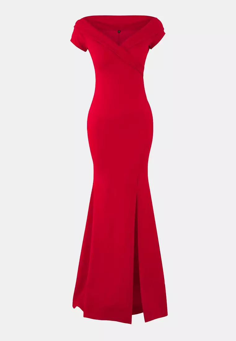 Red Carmen Collar Fish Cut Maxi Stylish Evening Dress