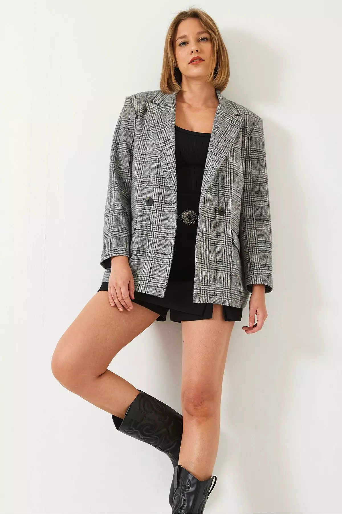 Women's Plaid Patterned Cashmere Oversize Jacket 5046 60261079