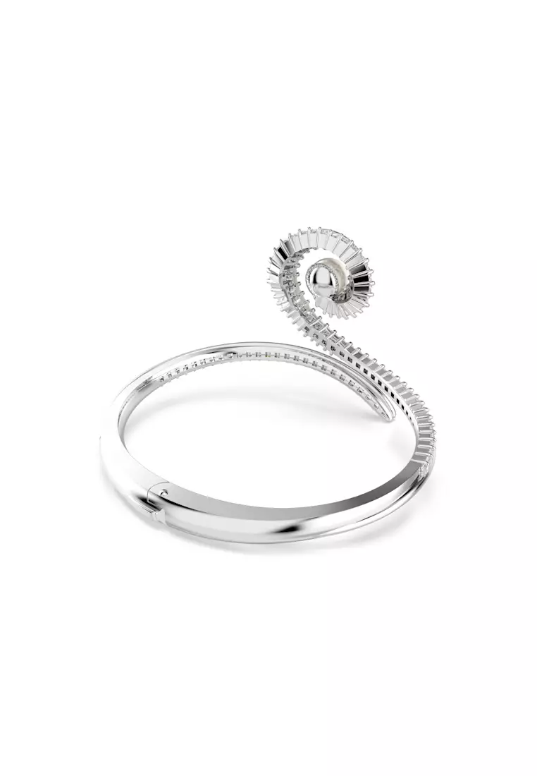 Ariana Grande x Swarovski bangle, Crystal pearl, Baguette cut, White, Rhodium plated