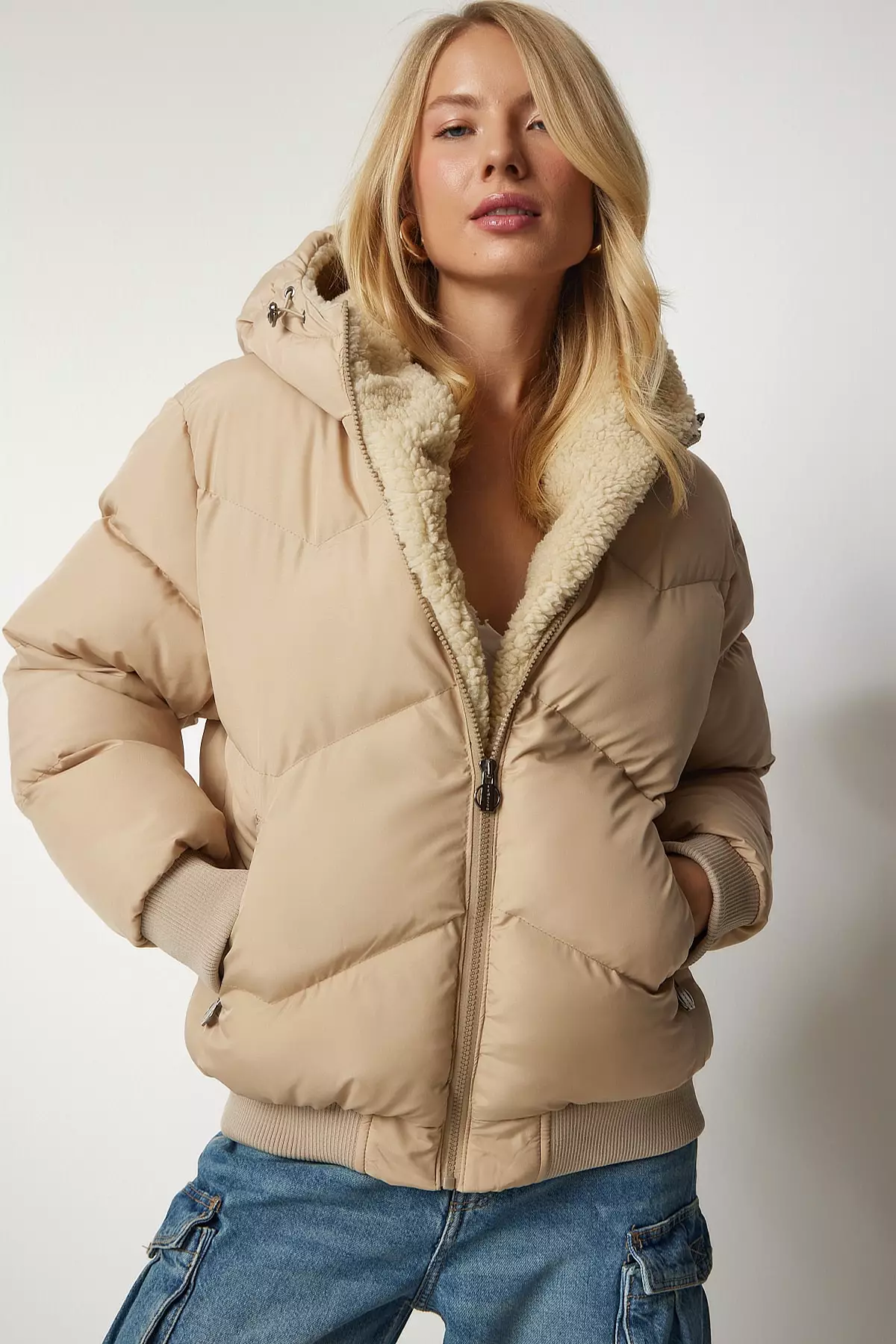 Puffy jacket sale with fur hood