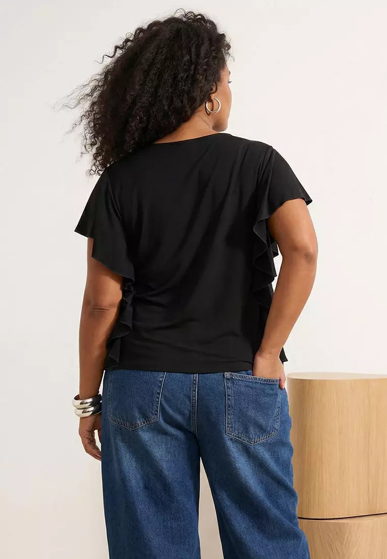 Black Sleeves Ruffle Detail Crew Neck Stretchy Knitted Blouse Tbbss26Af00082