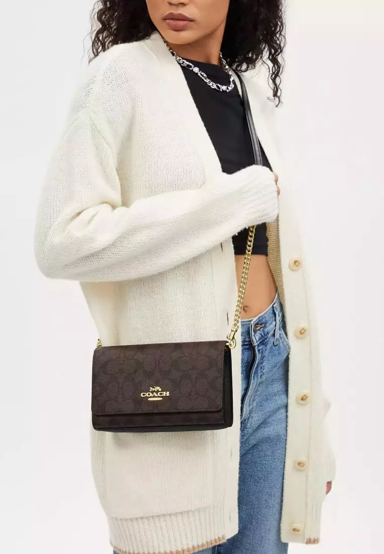 Coach Flap Clutch Crossbody In Signature Canvas Brown Black