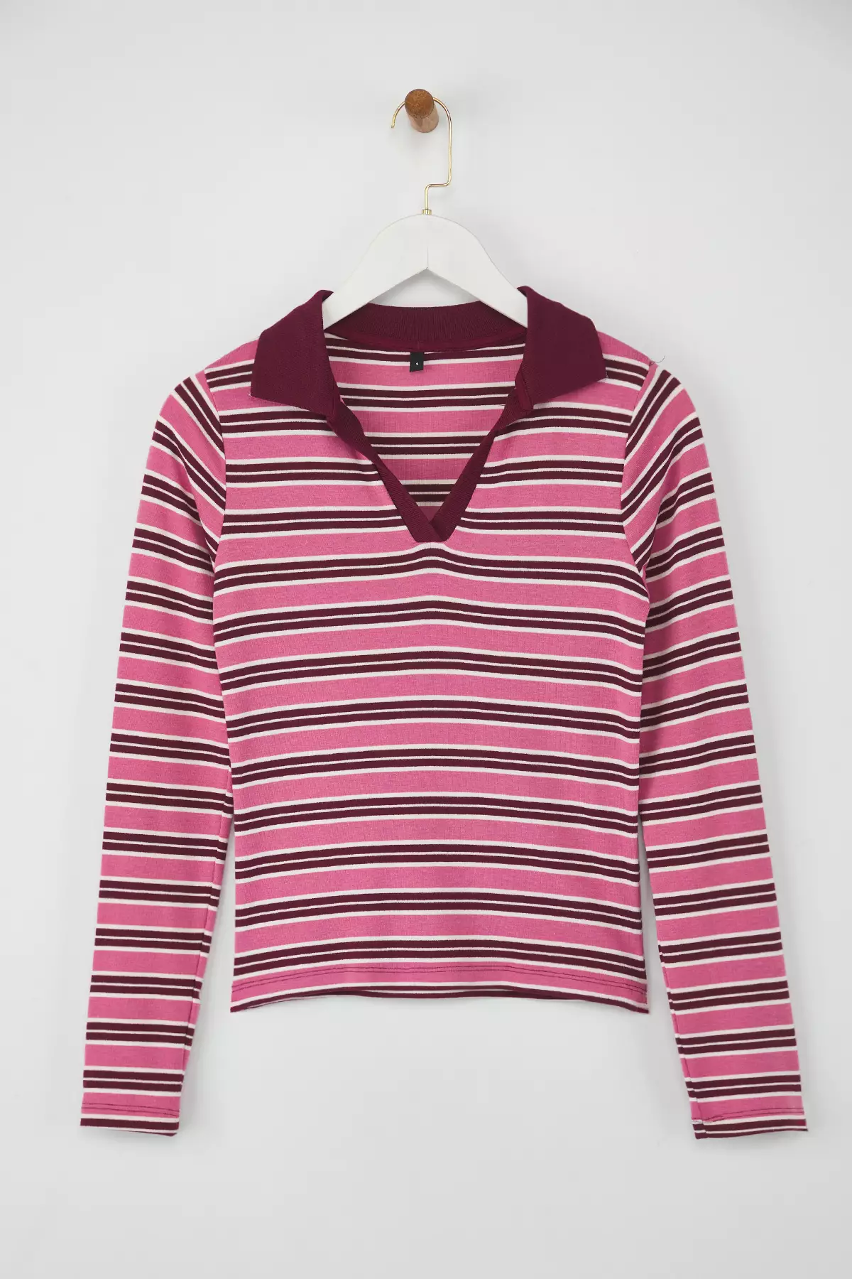 Teen Pink Striped Polo Neck Fitted/Body-Smoothing Knitted Blouse Twoaw26Bz00034