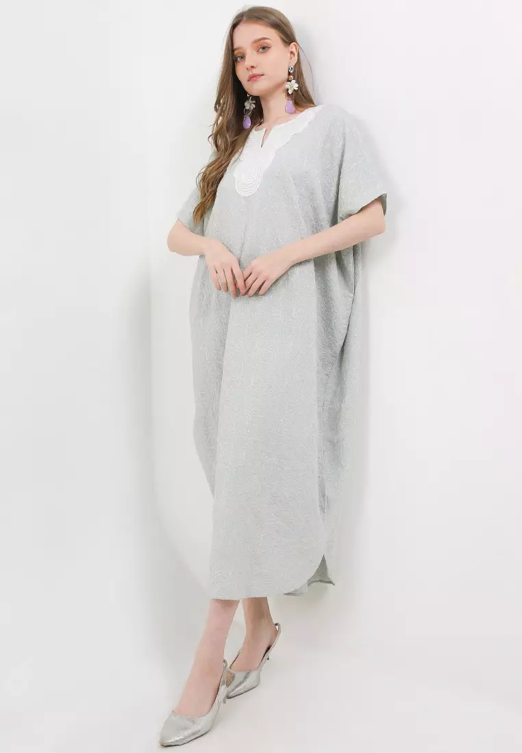 Beaded Lace Silver Emb Kaftan