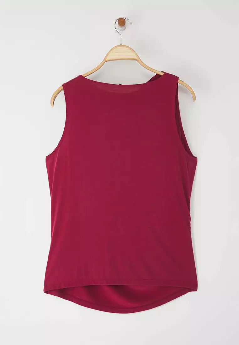 Burgundy More Sustainable Modal Content Drape Detailed Degaje Collar Knitted Large Size Blouse Tbbss25Af00114