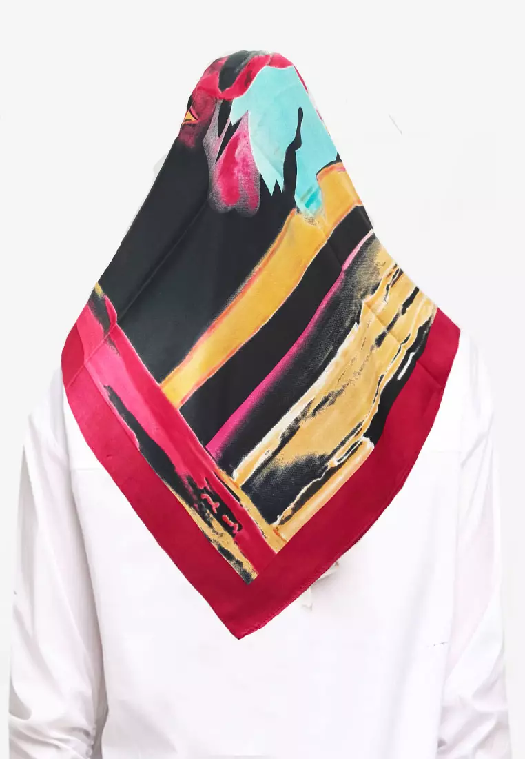 Water Colour Effect Rosy Hijab Segi Empat Kerudung Silky Satin Square Scarf Black & Red