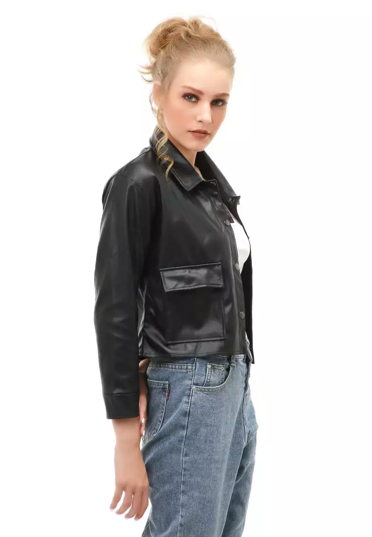 Glenice Jacket Outer Fashion Wanita Model Korea Waterproof Windproof Material Leather ORIGINAL - Black